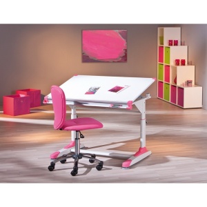 Birou ergonomic pentru copii HM Collorido, inaltime reglabila, unghi inclinare ajustabil, cadru metalic, MDF, 100x66x69-84 cm, alb