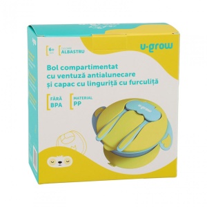 Bol compartimentat cu ventuza antialunecare si capac cu lingurita si furculita, blue, U-Grow - Img 4