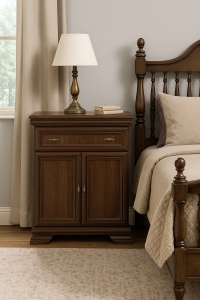 Comoda dormitor si living, VM1, Pal Melaminat, cu 2 usi, un sertar, cu elemente din MDF, Nuc