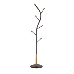 Cuier pom HM W45, metalic, curbat, baza ceramica, 6 agatatori, bumbi lemn, negru