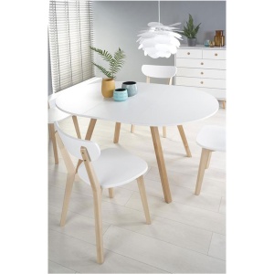 Masa extensibila living si bucatarie HM Ruben, lemn masiv, blat MDF, ovala, 6 persoane, 102-142x102x73 cm, alba - Img 3