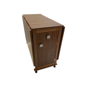 Masa plianta cu spatiu depozitare, usa si sertar, Pal Melaminat, structura lemn masiv, cu role, 8 persoane, 160x96x80 cm, nuc - Img 3