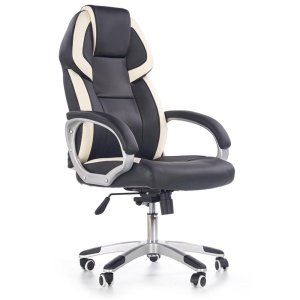 Scaun directorial HM Barton, piele ecologica, mecanism balans, roti cauciucate, 120 kg, alb - negru