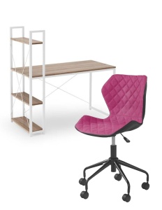 Set birou cu rafturi HM Narvik B1, cadru metalic, PAL melaminat, 120x64x120 cm, stejar sonoma alb si scaun birou HM Matrix, Ergonomic, Stofa Piele ecologica, 100 Kg, Negru Roz
