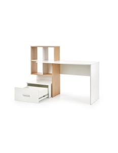 Set birou cu spatii depozitare HM Grosso, rafturi, sertar, PAL melaminat, 149x50x105 cm, stejar auriu alb si scaun copii HM Ibis Paris, Ergonomic, Cadru Cromat, Stofa, 100 Kg, Multicolor - Img 3