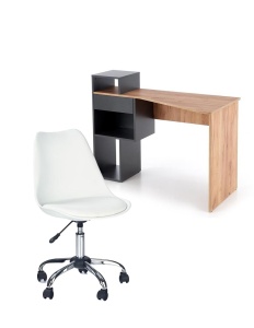 Set birou HM Conti, rafturi, sertar, PAL melaminat, 122x57x90 cm, stejar gri si scaun pentru copii HM Coco, piele ecologica, inaltime reglabila, 80 kg, Alb