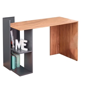 Set birou HM Fino, 2 rafturi, PAL melaminat, 122x57x85 cm, stejar gri antracit si scaun copii HM Doral, tapiterie stofa tip catifea, baza cromata, cu brate, 90 kg, gri inchis - Img 2