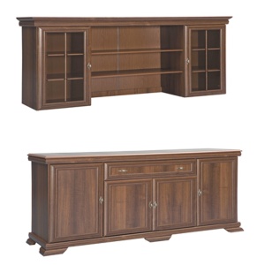 Set comoda living VM4, 4 usi, un sertar si vitrina suprapozabila VMN5, 2 usi, 2 polite, Pal melaminat, cu insertii MDF, Nuc - Img 3