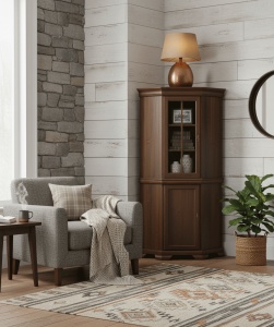 Set comoda pe colt pentru living VMN1, cu o usa, o polita si vitrina suprapozabila VMNN1, o usa, 2 polite, Pal Melaminat, cu elemente din MDF, Nuc