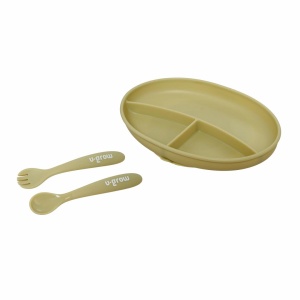 Set farfurie cu lingurita si furculita silicon, olive,U-Grow - Img 1