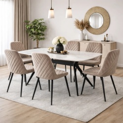 Set masa living Elegant FDT4 blat caramica structura metalica 140x80x75 cm alb/maro si 6 scaune Doina FDC2 tapiterie catifea 90 kg, bej