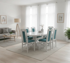 Set masa living extensibila SB Nork, MDF Furniruit, structura lemn masiv, 8 persoane, 198-160x90x74 cm si 6 scaune, tapiterie stofa, lacuit, 120 kg, alb turcoaz