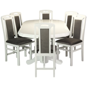 Set masa living extensibila SB Nork, MDF Furniruit, structura lemn masiv, 8 persoane, 198-160x90x74 cm si 6 scaune, tapiterie stofa, lacuit, 120 kg, alb gri - Img 2
