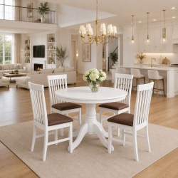 Set masa living rotunda Montreal, lemn masiv, MDF, 90x73.8 cm si 4 scaune lemn masiv Glendale, stofa,100 kg, 93x49x41.5 cm, alb maro