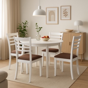 Set masa living si bucatarie Sophia, MDF, rotunda, 90x74 cm si 4 scaune Montreal, lemn masiv, tapiterie stofa, 100 kg, alb
