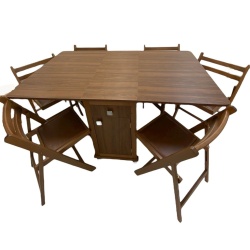 Set masa plianta cu spatiu depozitare, usa si sertar, Pal Melaminat, 160x96x80 cm si 6 scaune pliante lemn, tapitate cu piele ecologica, nuc - Img 2