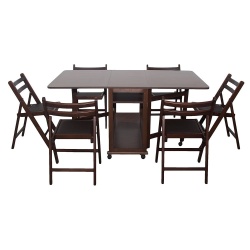Set masa plianta cu spatiu depozitare Util, pentru living si bucatarie, PAL, structura lemn masiv, cu role, 160x96x80 cm si 6 scaune pliante, tapitate, piele ecologica, wenge - Img 2
