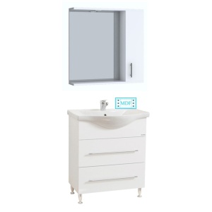 Set mobilier baie cu lavoar ceramic, GN1871, front MDF, un sertar, o usa, 65 cm, picioare cromate reglabile, manere cromate si oglinda cu dulap GN0201, dreptunghiulara, PAL, iluminare led, 2 rafturi, alb - Img 1