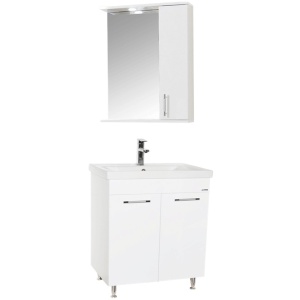 Set mobilier baie GN0541, front MDF, cu lavoar ceramic, 60 cm, 2 usi, 2 rafturi, picioare cromate reglabile, balamale soft close si oglinda cu dulap GN0201, dreptunghiulara, PAL, iluminare led, alb