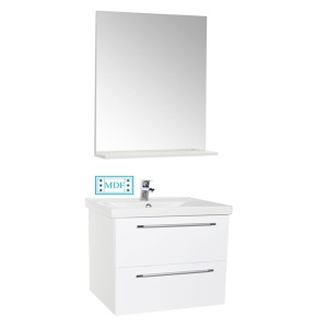 Set mobilier baie suspendat, cu lavoar ceramic, GN0541, front MDF, 70 cm, 2 sertare, glisiere soft close si oglinda cu polita GN0551, dreptunghiulara, PAL, alb