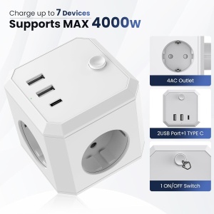 Adaptor priza alb tip cub cu 4 prize shucko 16A, 2xUSB si 1xType C – Solutia ideala pentru incarcare eficienta - Img 2