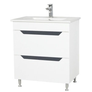 Baza si lavoar ceramic GN0561, mobilier baie stativ 70 cm, front MDF, 2 sertare, glisiere soft close, picioare cromate reglabile, alb antracit