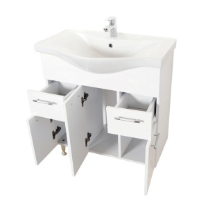 Baza si lavoar ceramic GN1531, mobilier baie stativ 75 cm, front MDF, 2 usi, 3 sertare, balamale soft close, picioare cromate reglabile, alb - Img 3
