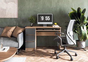 Birou cu suport glisant tastatura HM Cino, blat PAL, sertare, organizare office, design modern, stejar artizanal antracit