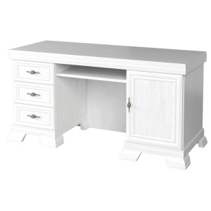 Birou VMB, clasic, 3 sertare, usa, polita tastatura, Pal Melaminat, insertii MDF, Alb Antichizat - Img 3