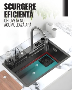 Chiuveta smart, multifunctionala, display LED, afisaj electronic, robinet apa filtrata, sistem spalare pahare, cap robinet retractabil, SC005, iHunt - Img 3