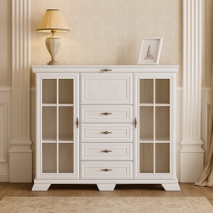 Comoda living cu vitrina VM7, o usa rabatabila pentru bar, 2 usi fixe, 3 sertare, Pal melaminat, cu insertii MDF, Alb Antichizat