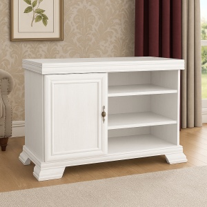 Comoda living VMT, Pal Melaminat, cu o usa, 3 polite, cu elemente din MDF, Alb Antichizat