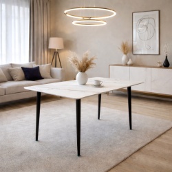 Masa living si bucatarie Lineo FDT1 blat ceramica cadru metalic 6 persoane 140x80x75 cm alb/maro