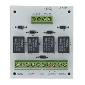 Modul electronic pentru doua usi cu incuietori tip fail-safe cu monitorizare sau buton.