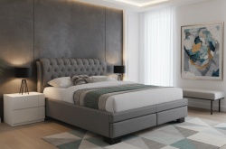 Pat matrimonial Elegant, elemente lemn masiv, sertare, tapitat cu stofa, cu somiera,160x200 cm, gri