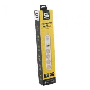 Prelungitor cu protectie Serioux, 4 prize schuko, input 100-240V, 50- 60Hz, output (Total): 2500W - 10A, 4 porturi USB, 4 porturi USB (5V- 3.1A) (Auto Max) 17W, Amperaj port USB (max) 3.4A, functie auto ID, antistatic, buton power/off, lungime cablu 2m, - Img 3