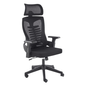 Scaun birou ergonomic HM Polon, mesh, mecanism inclinare, baza polipropilena, suport lombar, tetiera, 100 kg, negru