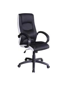 Scaun directorial SL Q041, Inaltime ajustabila, Mecanism balansare, Stofa cu insertii de piele ecologica, 100 Kg, Alb Negru