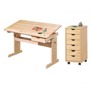 Set birou ergonomic pentru copii HM Julia, inaltime reglabila, unghi inclinare ajustabil, lemn si dulapior HM Nils, roti, sertare, natur - Img 2