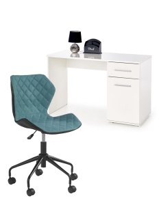Set birou HM Lima B1, cu usa si sertar, PAL melaminat, 120x55x75 cm, alb si scaun copii HM Matrix, Ergonomic, Stofa Piele ecologica, 100 Kg, Negru Turcoaz