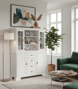 Set comoda living si dormitor, VM3, 4 sertare, 2 usi si vitrina suprapozabila VMN4, 2 usi, 2 polite, Pal melaminat, cu insertii MDF, Alb Antichizat