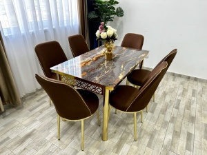 Set masa extensibila cu 6 scaune Dark Brown Marble – Eleganta si confort pentru casa ta - Img 2