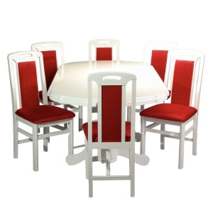Set masa living extensibila SB Nork, MDF Furniruit, structura lemn masiv, 8 persoane, 198-160x90x74 cm si 6 scaune, tapiterie stofa, lacuit, 120 kg, alb rosu - Img 2