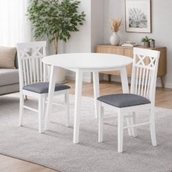 Set masa living plianta Philadelphia, MDF, lemn masiv, rotunda, 55 90 x 90 x 74,8 cm si 2 scaune Rebecca, tapiterie stofa,100 kg, 94x49x43.5 cm, alb gri