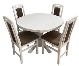 Set masa living si bucatarie extensibila SB Fan, MDF Furniruit, 100-133,5x99x74 cm si 4 scaune SB Tim, lemn masiv, tapiterie stofa, lacuit, 120 kg, alb maro - Img 3