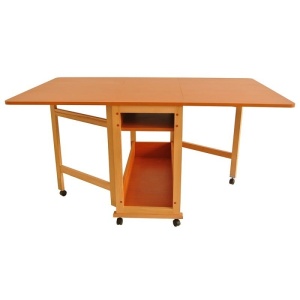 Set masa plianta cu spatiu depozitare Util, pentru living si bucatarie, PAL, structura lemn masiv, cu role, 160x96x80 cm si 6 scaune pliante, tapitate, piele ecologica, cires - Img 3