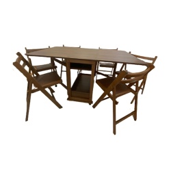Set masa plianta cu spatiu depozitare Util, pentru living si bucatarie, PAL, structura lemn masiv, cu role, 160x96x80 cm si 6 scaune pliante, tapitate, piele ecologica, nuc - Img 2