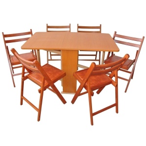 Set masa plianta Practic, bucatarie si living, Pal Melaminat, insertii lemn masiv, colturi rotunjite, 120x74x75 cm si 6 scaune pliante, tapitate, piele ecologica, cires - Img 2