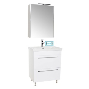 Set mobilier baie cu lavoar ceramic, GN0541, front MDF, 2 sertare, 60 cm, picioare cromate reglabile si dulap cu oglinda GN5011, MDF, iluminare led, cu usa, 3 rafturi, soft close, alb