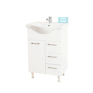 Set mobilier baie cu lavoar ceramic GN1531, front MDF, 55 cm, 2 usi, 2 sertare, picioare cromate reglabile, balamale soft close si oglinda cu dulap GN0201, dreptunghiulara, PAL, iluminare led, alb - Img 2
